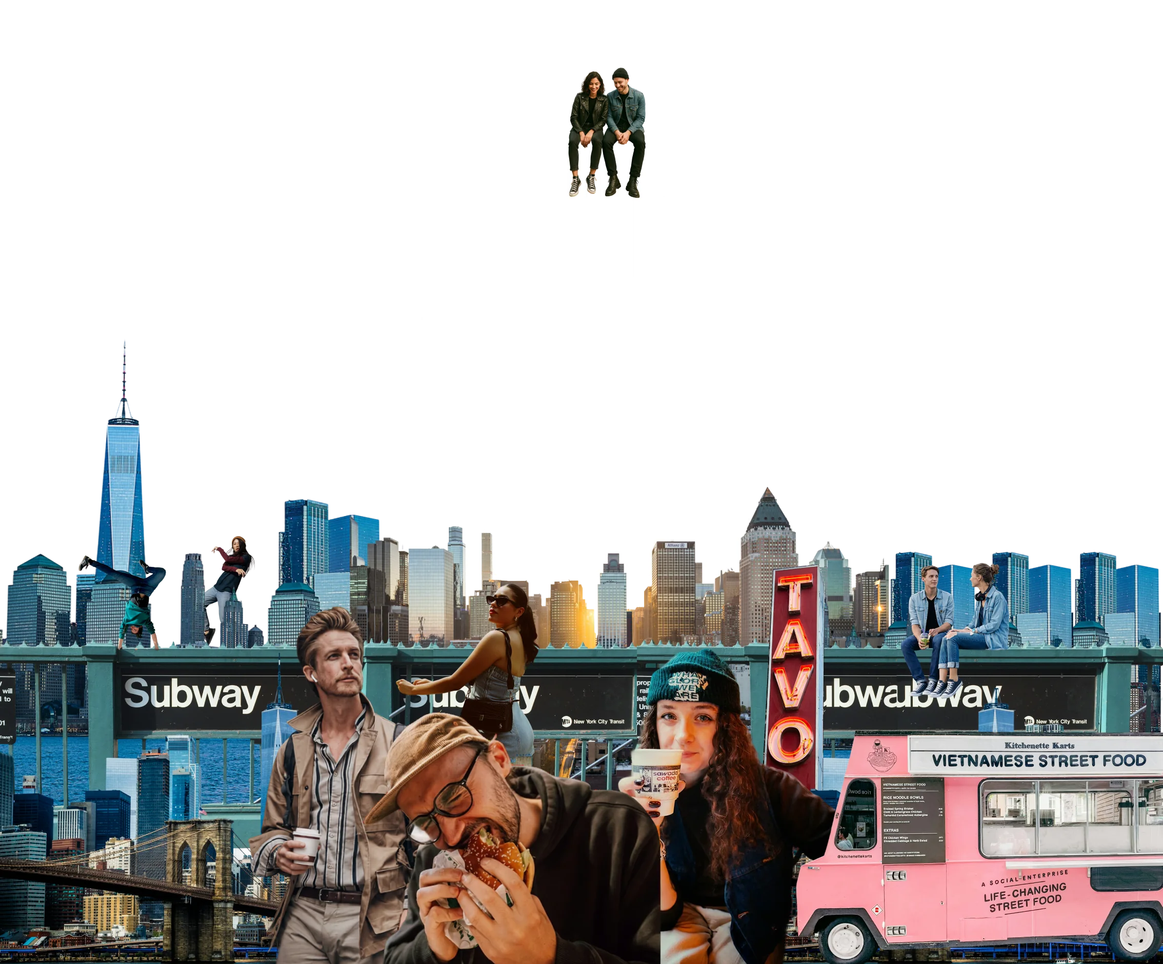 Collage of New York places, city scenes, and people enjoying food